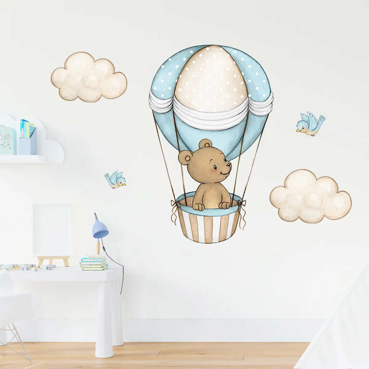 Pegatinas de pared con globos de aire caliente de oso de peluche para bebés, niñas, niños, calcomanías de pared para dormitorio, decoración de pared para guardería y guardería