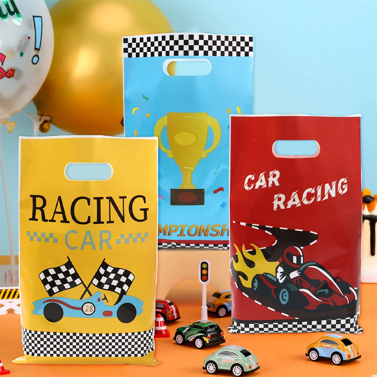 Bolsas de mano de plástico con tema de coche de carreras, regalos de dulces, regalos, regalos para niños, suministros para fiesta de cumpleaños, bolsas de galletas y dulces, 10/25/50 Uds. - imagen 3