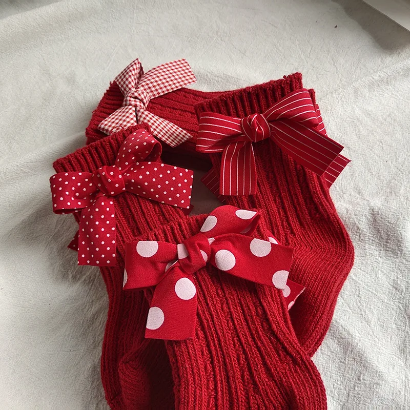 Calcetines de tubo medio para niñas con lazo, medias rojas cálidas 100% algodón para niños, calcetines de Navidad, regalos para niños de 0 a 8 años - imagen 2
