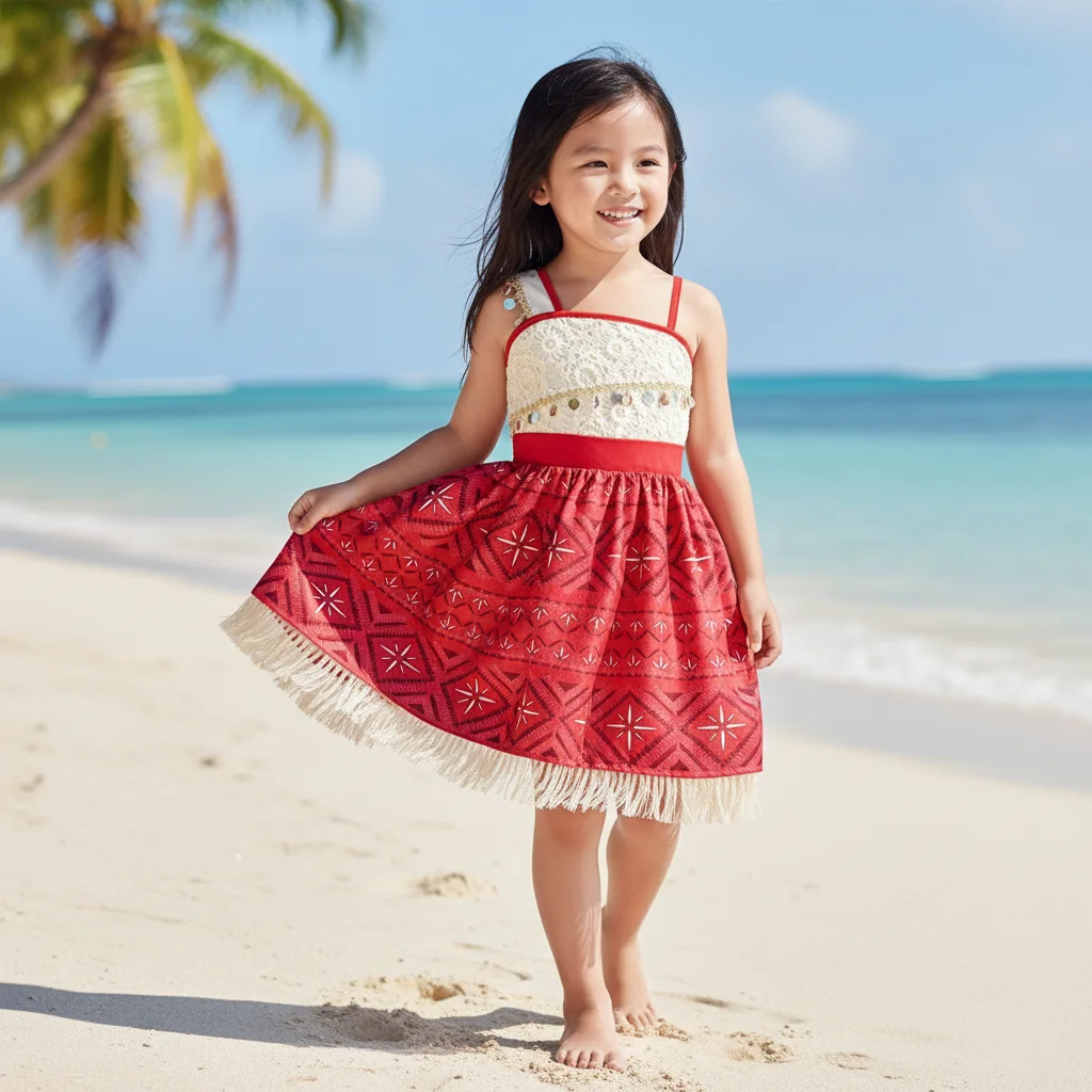 Vestido estilo polinesio para niñas – Tirantes y cinturón de conchas - imagen 2