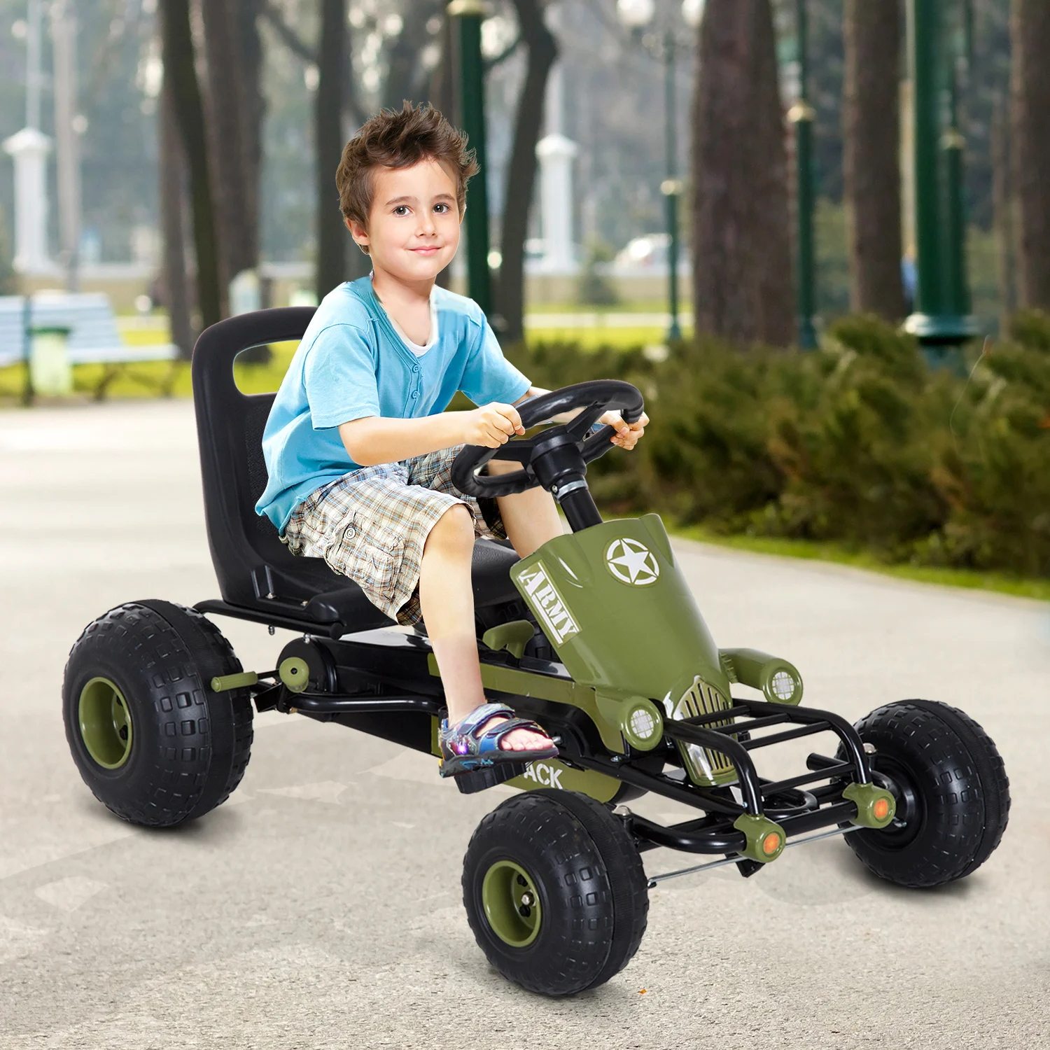 HOMCOM Go Kart Coche de Pedales Racing Deportivo con Asiento Ajustable Embrague y Freno para Niños 3-6 Años Carga 35kg 99x65x56cm Marco Acero Negro y Verde - imagen 2