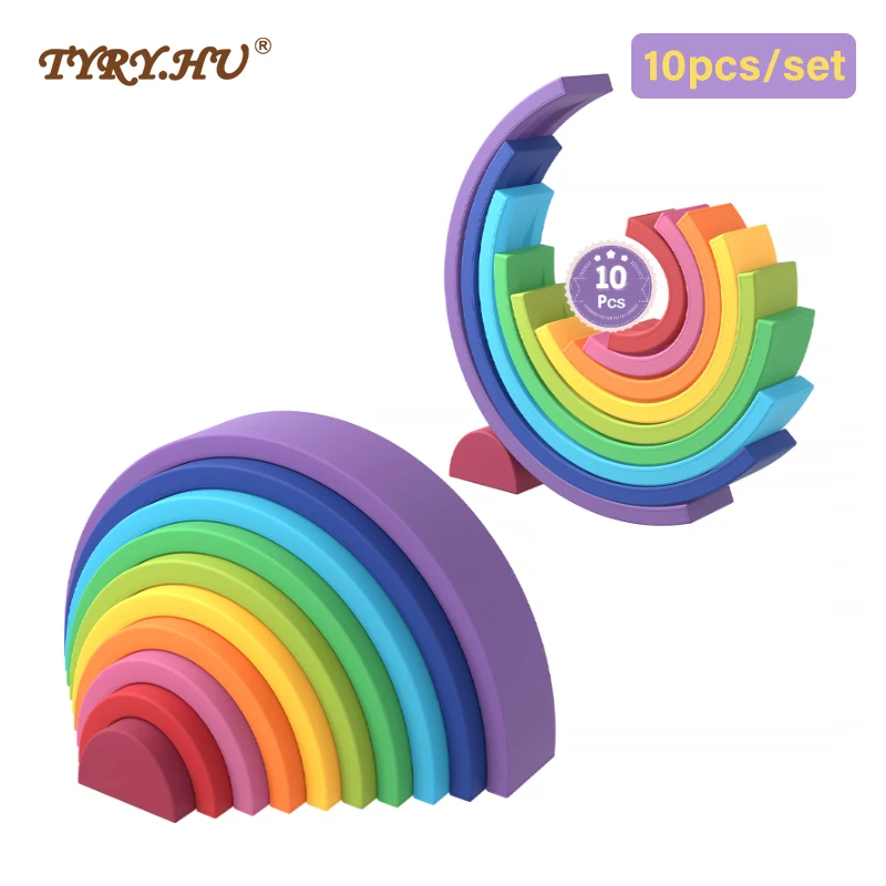 10 unid/set mordedor de silicona para bebé, juguete de bloques de construcción con forma de arco iris, regalo para chico, productos de silicona de calidad alimentaria, juguetes para la dentición del chico