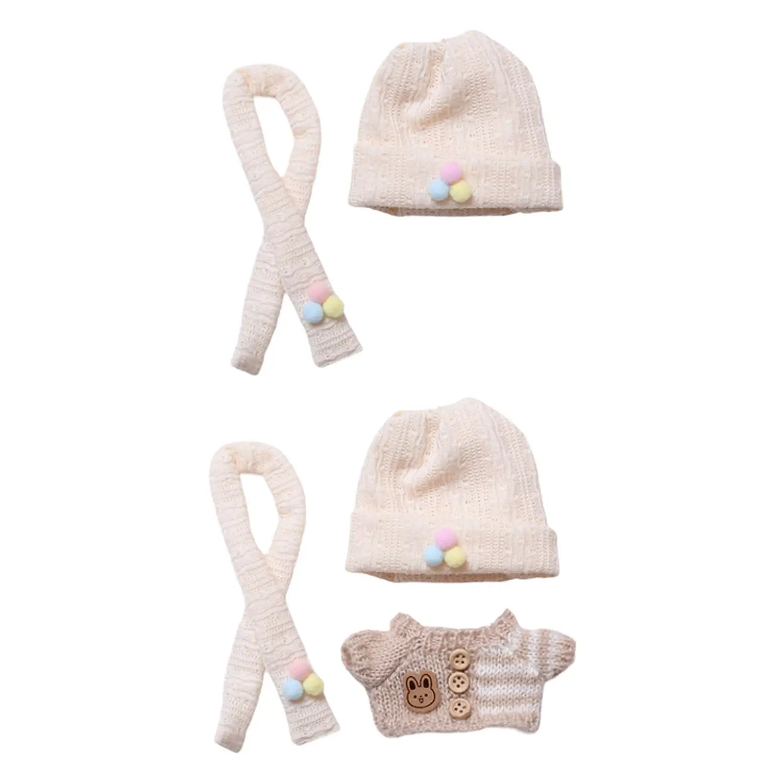 Cute Figure Knit Hat with Scarf Doll Cuffed Cap Cute Photo Props, Dress up DIY Stuffed Doll Hat Doll Headgear for 5.91''