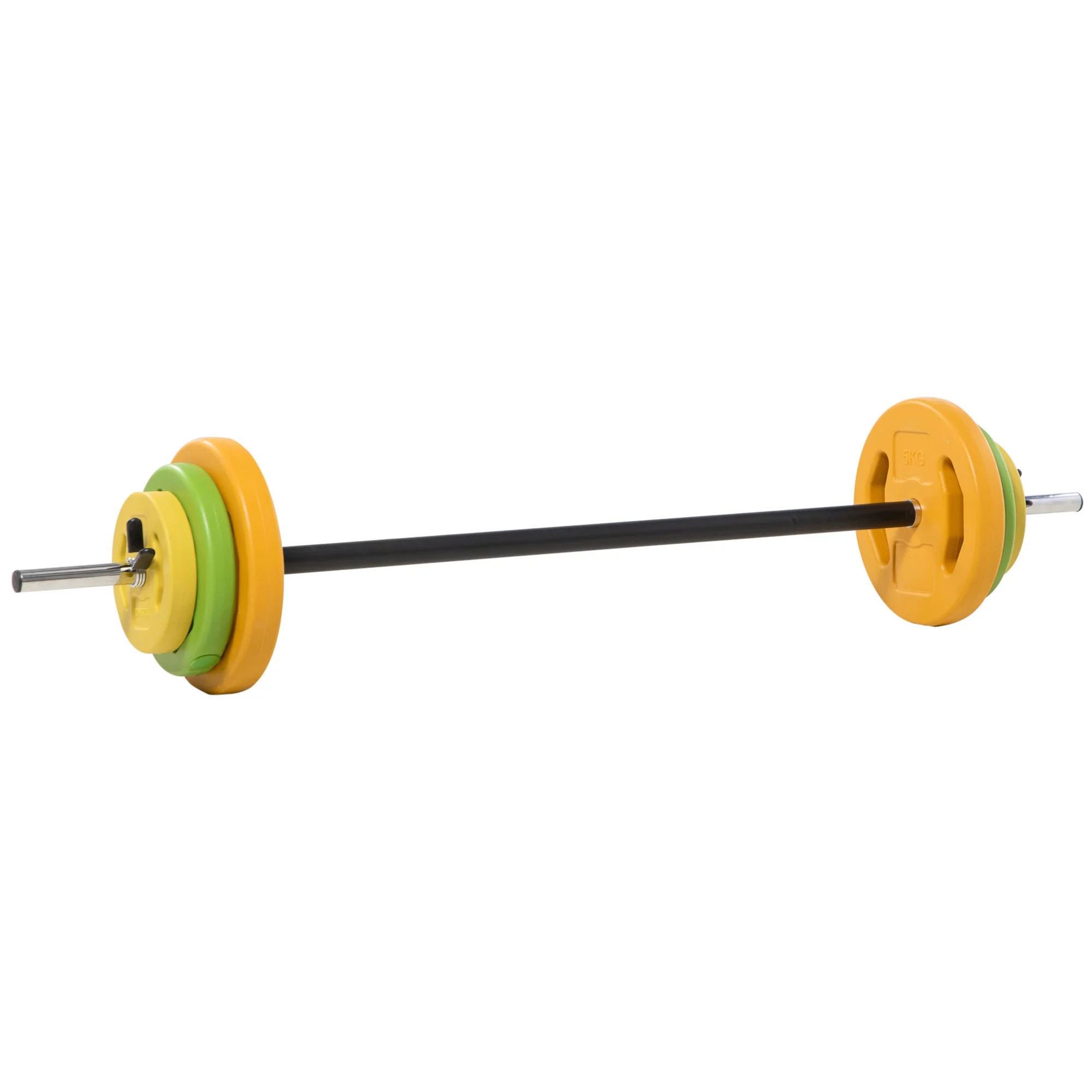 HOMCOM Barra de Pesas Set de Musculación con 6 Discos de Pesos 1,5kg 2,5kg 5 kg Intercambiables para Entrenamiento Fuerza y Brazos en Gimnasio Doméstico 130x28x28 cm Multicolor