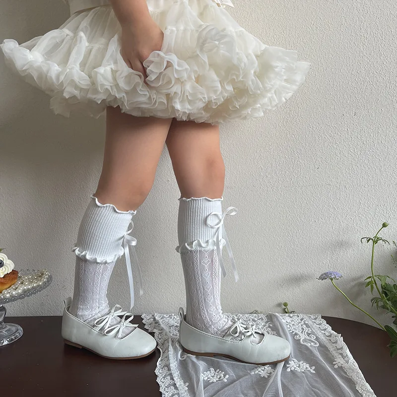 Calcetines hasta la rodilla para niña con lazo, color liso