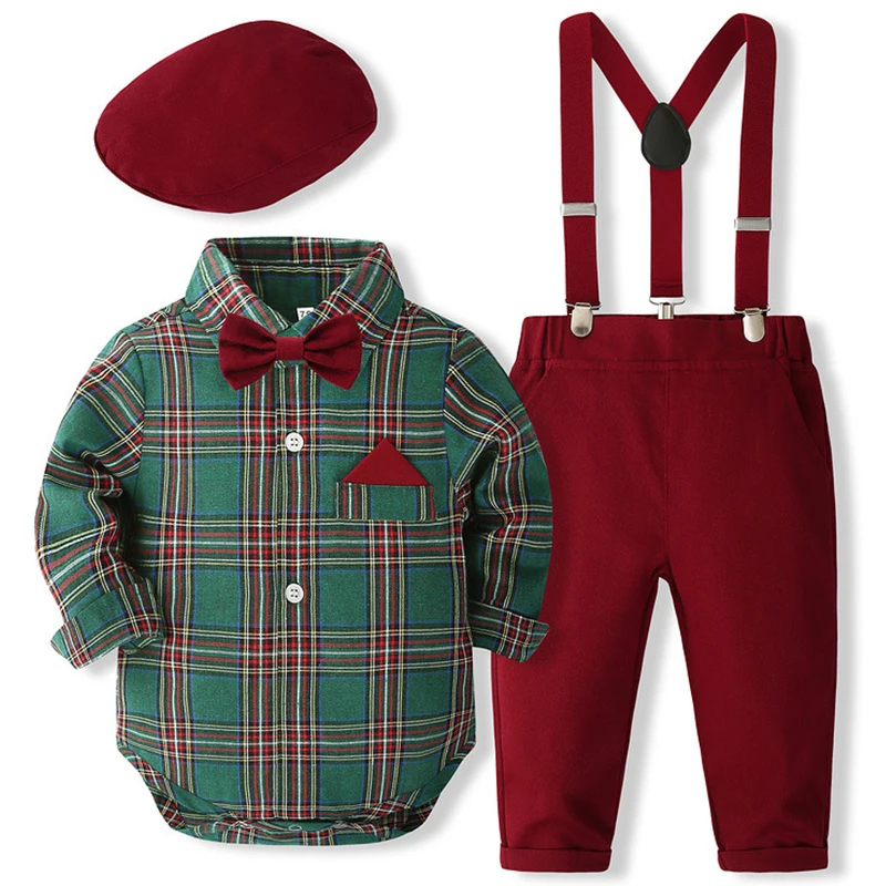 Conjunto de traje para bebé de primavera y otoño, moda coreana, monos para recién nacidos de manga larga de algodón a cuadros para caballero + Pantalones, ropa para niños pequeños BC090