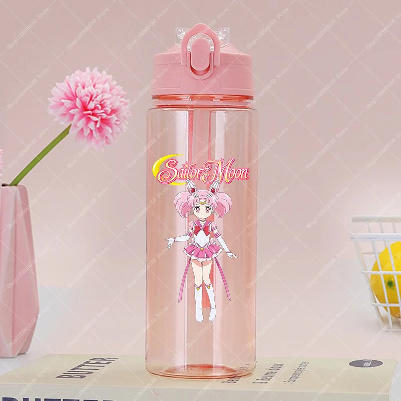 Botella de agua bonita Sailor Moon para niñas con pajita, taza de bebida fría de plástico portátil para niños, tazas de jugo de dibujos animados para viajes deportivos - imagen 4