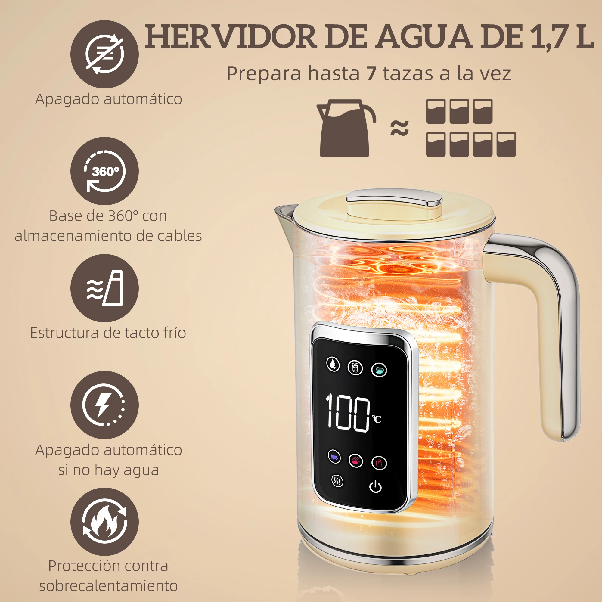 HOMCOM Set Desayuno con Pantalla LED Táctil, Hervidor de Agua 1,7L 2200W, Función Mantener Caliente, Tostadora Pan Ranura Ancha 2 Rebanadas, 6 Niveles Tostado, Crema - imagen 4