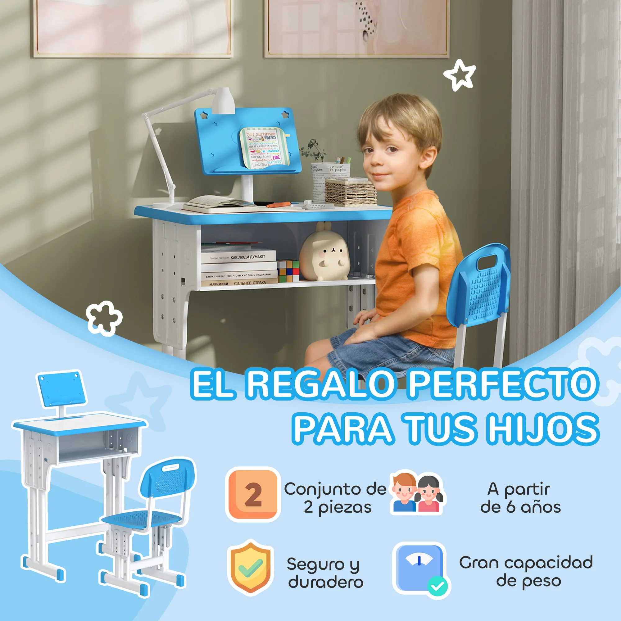 HOMCOM Juego de Escritorio y Silla para Niños de 6-12 Años Pupitre Infantil Altura Ajustable con 1 Cajón 1 Ranura para Lápiz y 1 Estante para Libros Acero 60x45x90-102 cm Azul - imagen 4