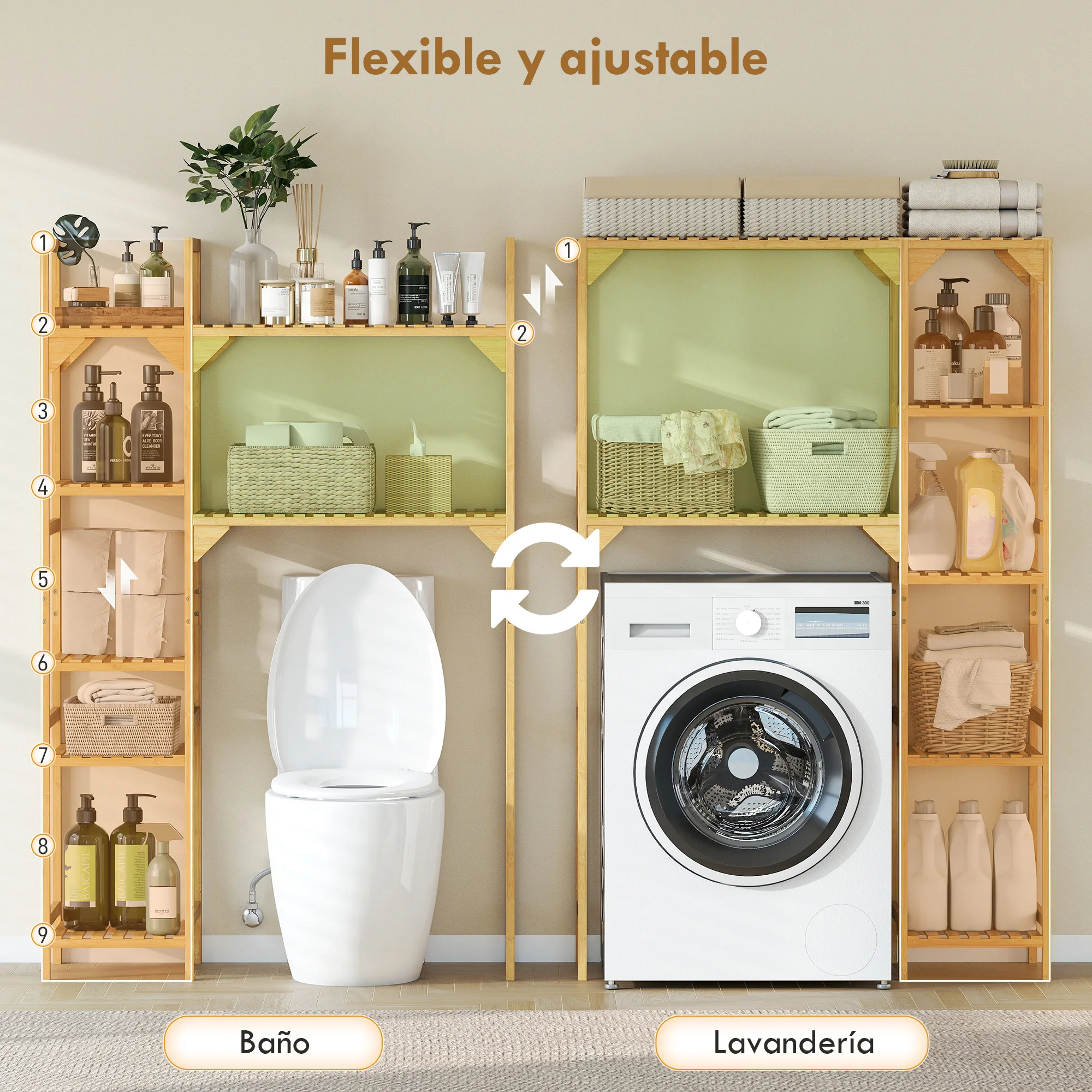 HOMCOM Estantería para Lavadora de Bambú, Mueble para Lavadora o Inodoro con Estantes Reversibles y Ajustables, Ahorra Espacio, Para Lavandería, Baño, Madera Natural - imagen 5