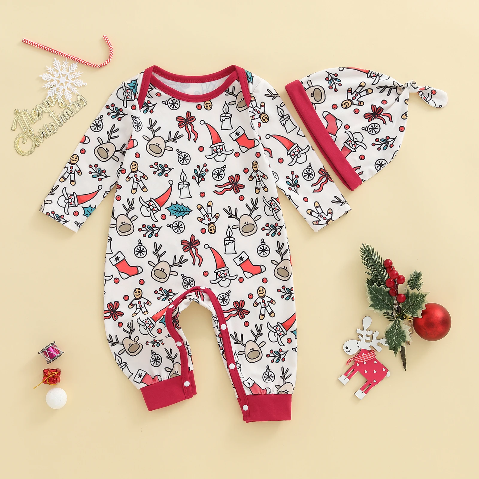 Suefunskry Conjunto de 2 piezas de trajes navideños para bebés recién nacidos, mono con estampado de dibujos animados de manga larga y sombrero - imagen 3
