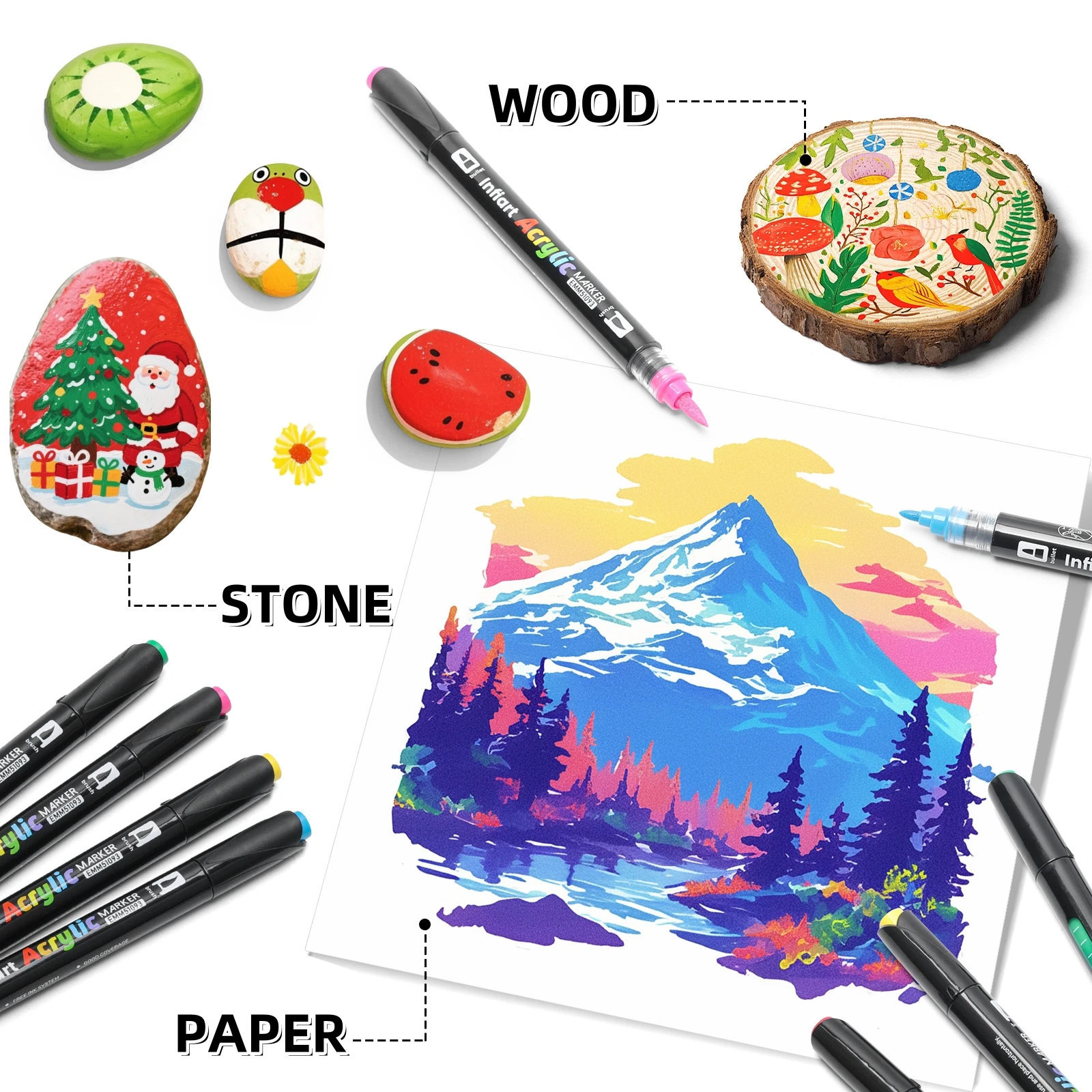 Bolígrafos de pintura acrílica, marcadores de pintura de doble punta, bolígrafos de punta fina y pincel para piedra, madera, lienzo, suministros de arte, con estuche portátil - imagen 4