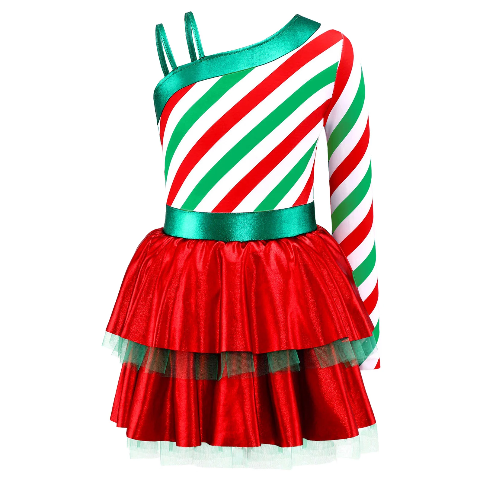 Maillot de danza infantil un hombro con volantes a rayas navideñas - imagen 5