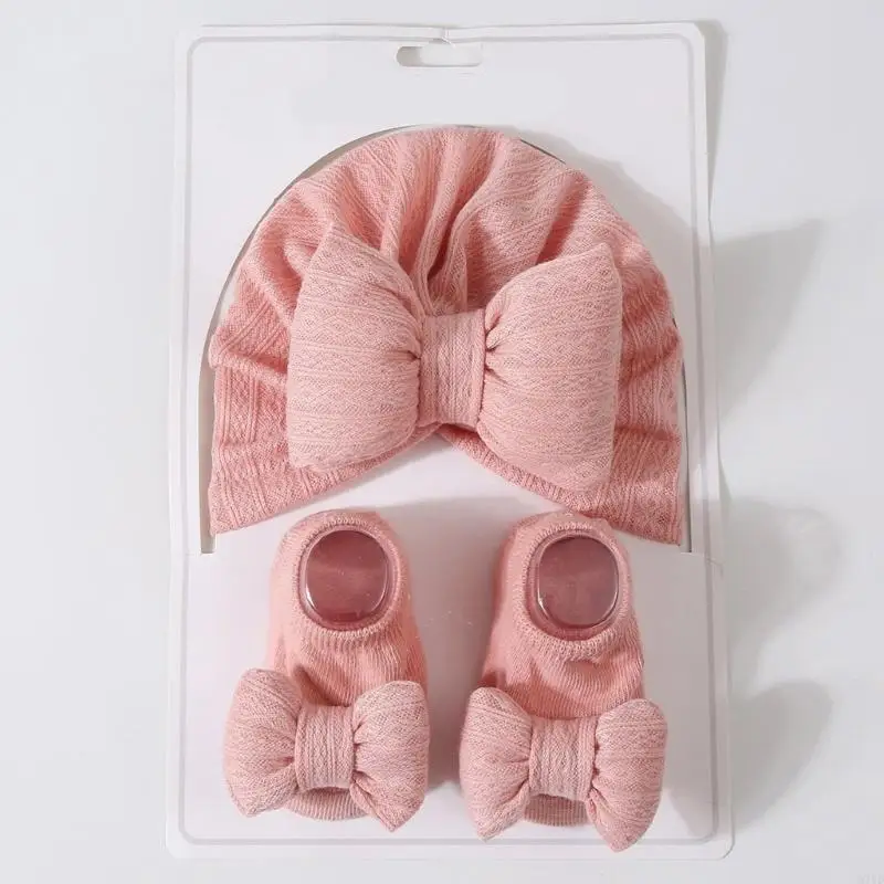 D7YD Conjunto calcetines y gorro para recién nacido, gorro con lazo, conjunto calcetines, gorro tejido para bebé con - imagen 5