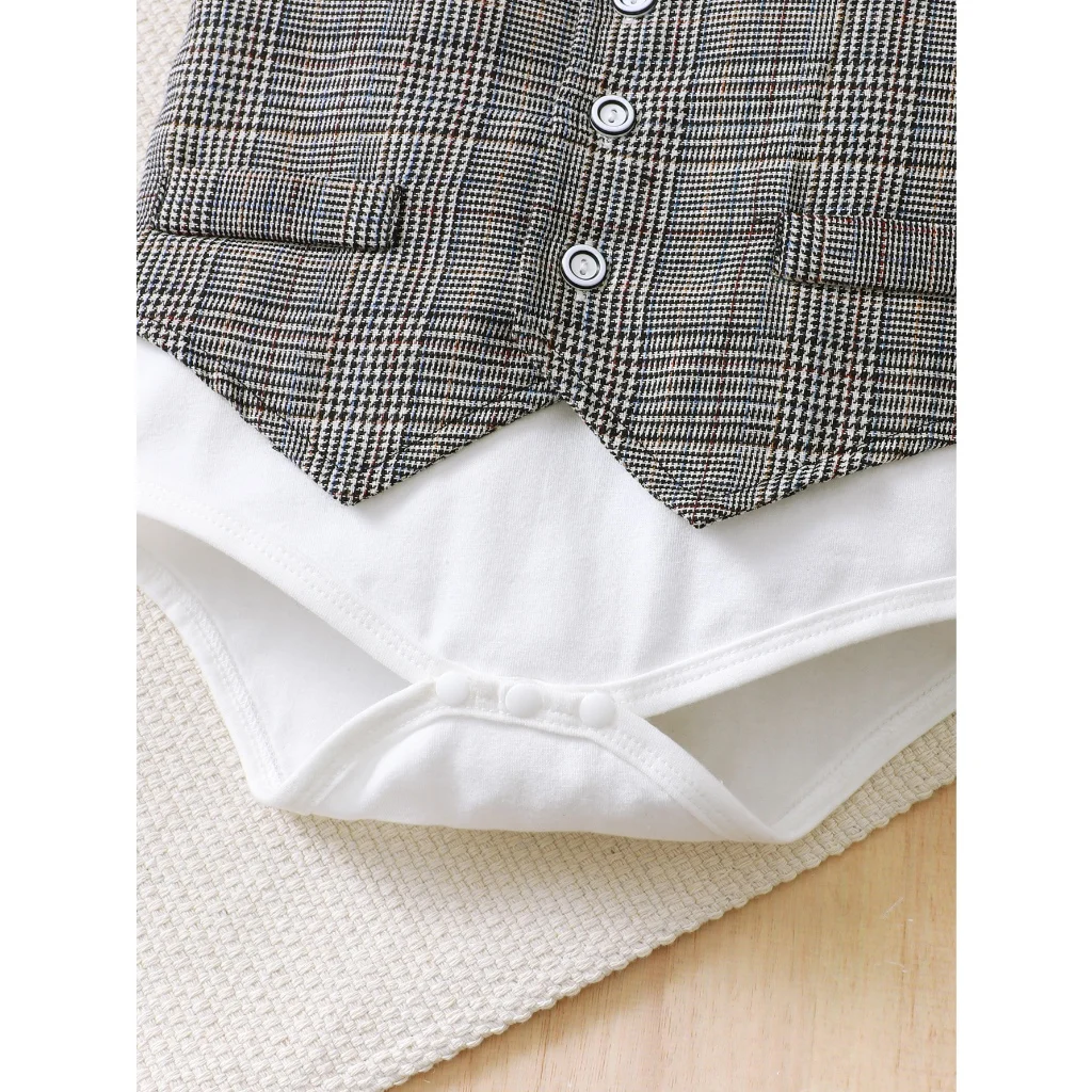 Conjunto de ropa de caballero para bebés de 0 a 3 años, mono gris oscuro + pantalones cortos a cuadros, trajes de 2 uds., disfraz de fiesta de cien días de luna llena para bebé - imagen 3