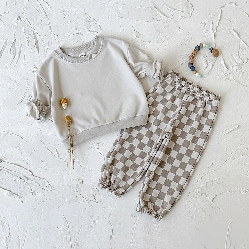 MILANCEL-traje informal para niños pequeños, 2 uds., sudadera con capucha de Color sólido + pantalones con patrón de tablero de ajedrez, conjunto de ropa holgada coreana para bebés de 6M-3Y - imagen 5