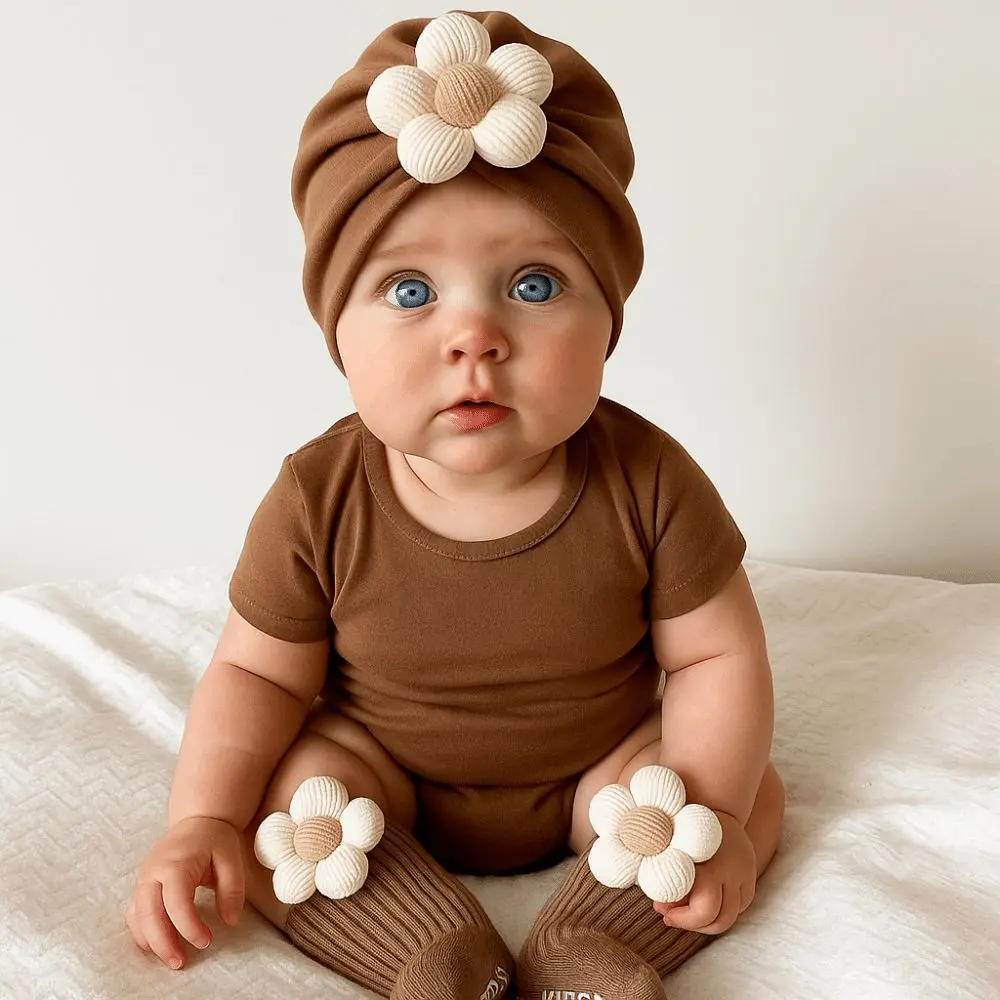 Flower Newborn Hat Socks Set Breathable Lightweight Socks Cap Set Soft Cute Design Combination Hat Socks Baby Boy and Girl - imagen 4