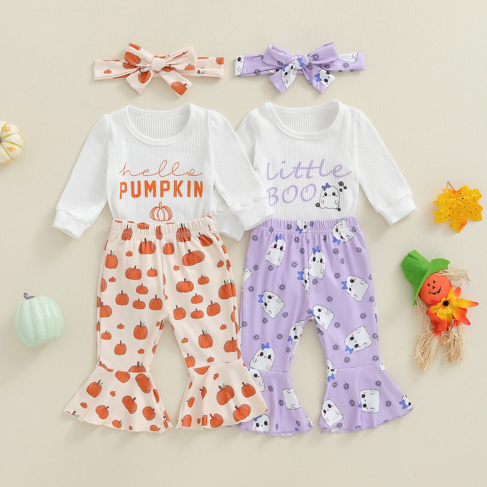 Conjunto de 3 piezas de mameluco de manga larga con estampado de calabaza y diadema de Halloween para niña de 0 a 18 meses - imagen 2