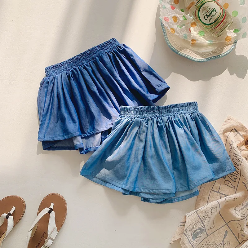 Pantalones cortos para niñas, faldas informales de verano, pantalones cortos plisados con cintura elástica para niños, ropa de Color sólido, pantalones Kawaii para niños - imagen 3