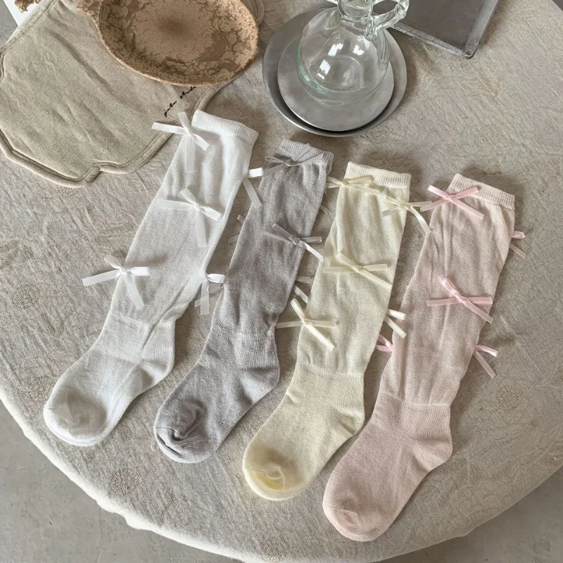 1 par de calcetines de pantorrilla de malla para primavera y verano para niños y niñas, calcetines holgados de algodón suave con cinta y lazo dulce y sencilla para niños