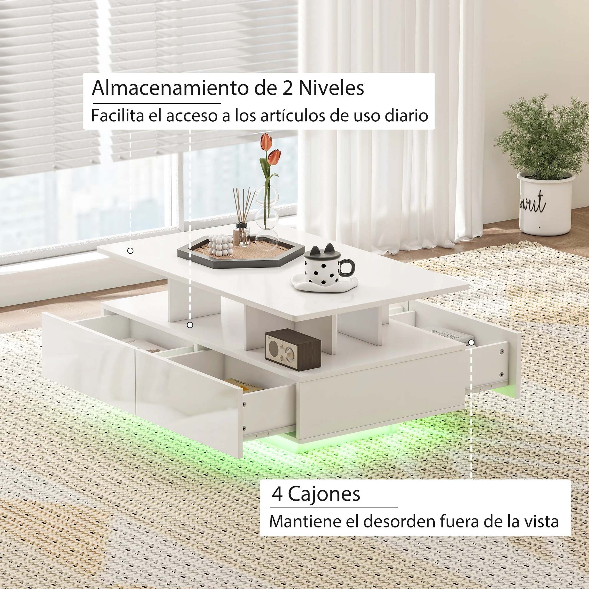HOMCOM Mesa de Centro LED Moderna Mesa de Café Brillante con 4 Cajones Estante Abierto y Luces LED de 16 Colores para Salón 90x55x41 cm Blanco Brillo - imagen 5
