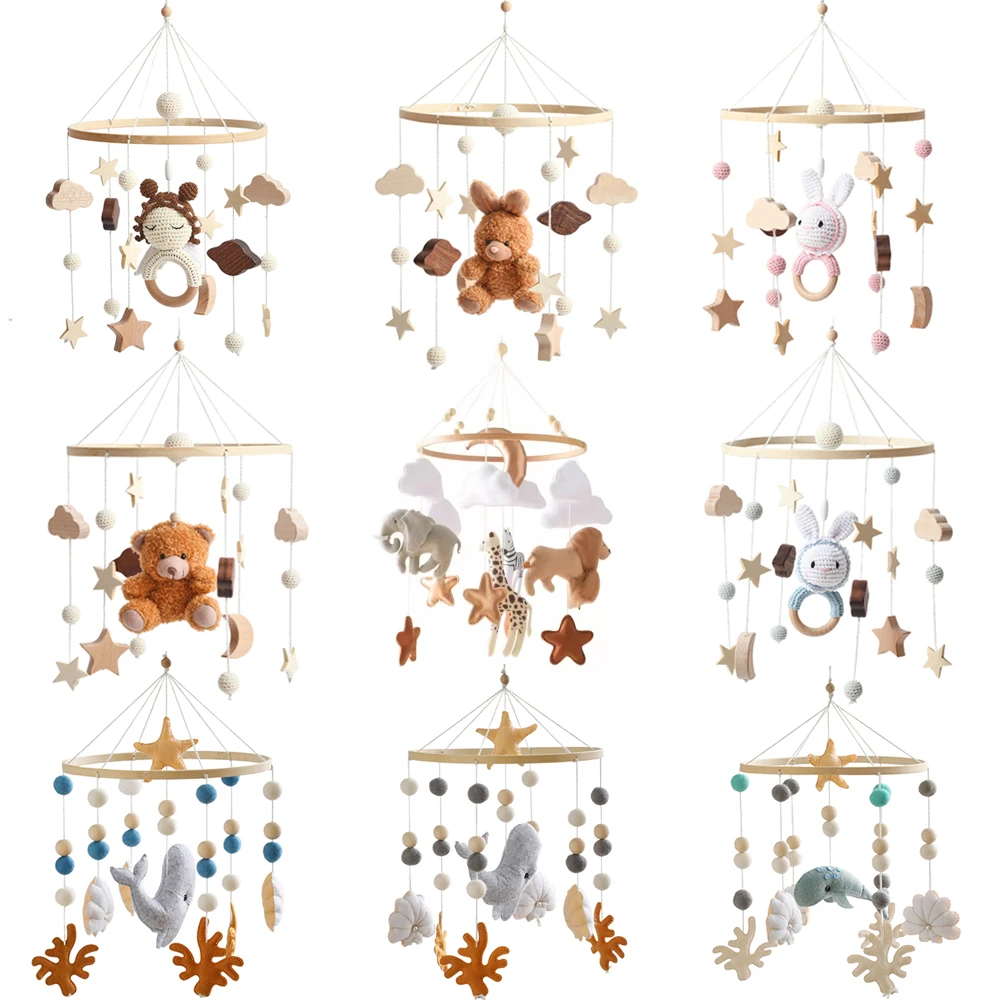 Sonajeros musicales con campana para cama de bebé, juguetes de fieltro suave, animales de dibujos animados para bebés, móviles para guardería, animales del bosque, juguetes para cuna