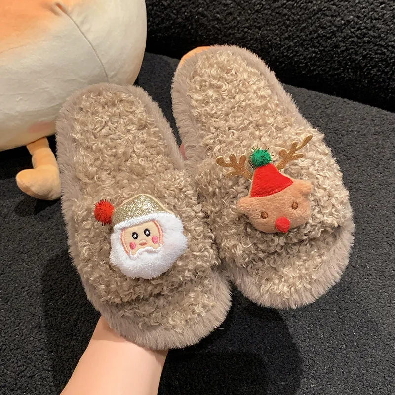 2025 nueva serie navideña zapatillas para niños zapatos cálidos de algodón de invierno suela blanda zapato peludo de moda antideslizante zapatos de casa para niño y niña