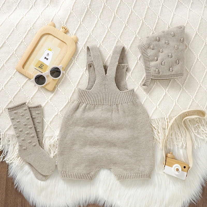 3 unids/set de ropa de bebé de punto sólido de ganchillo para recién nacidos, peleles tejidos sin mangas, sombreros, calcetines, trajes para bebés de 0 a 18m - imagen 2