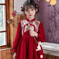 Vestido cheongsam elegante para niña rojo manga larga – Fiesta