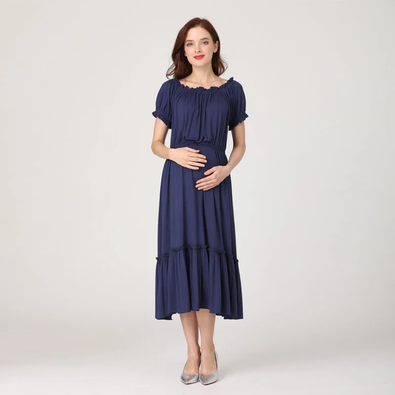 Ropa de maternidad de verano, vestido para mujeres embarazadas, vestido de embarazo de manga corta con hombros descubiertos, vestido largo, vestidos para fotos - imagen 2