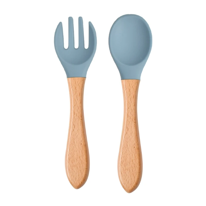 2 unids/set cuchara de alimentación de bebé tenedor mango de madera cuchara tenedor conjunto punta de silicona suave cuchara tenedor sin BPA grado alimenticio niños pequeños - imagen 2