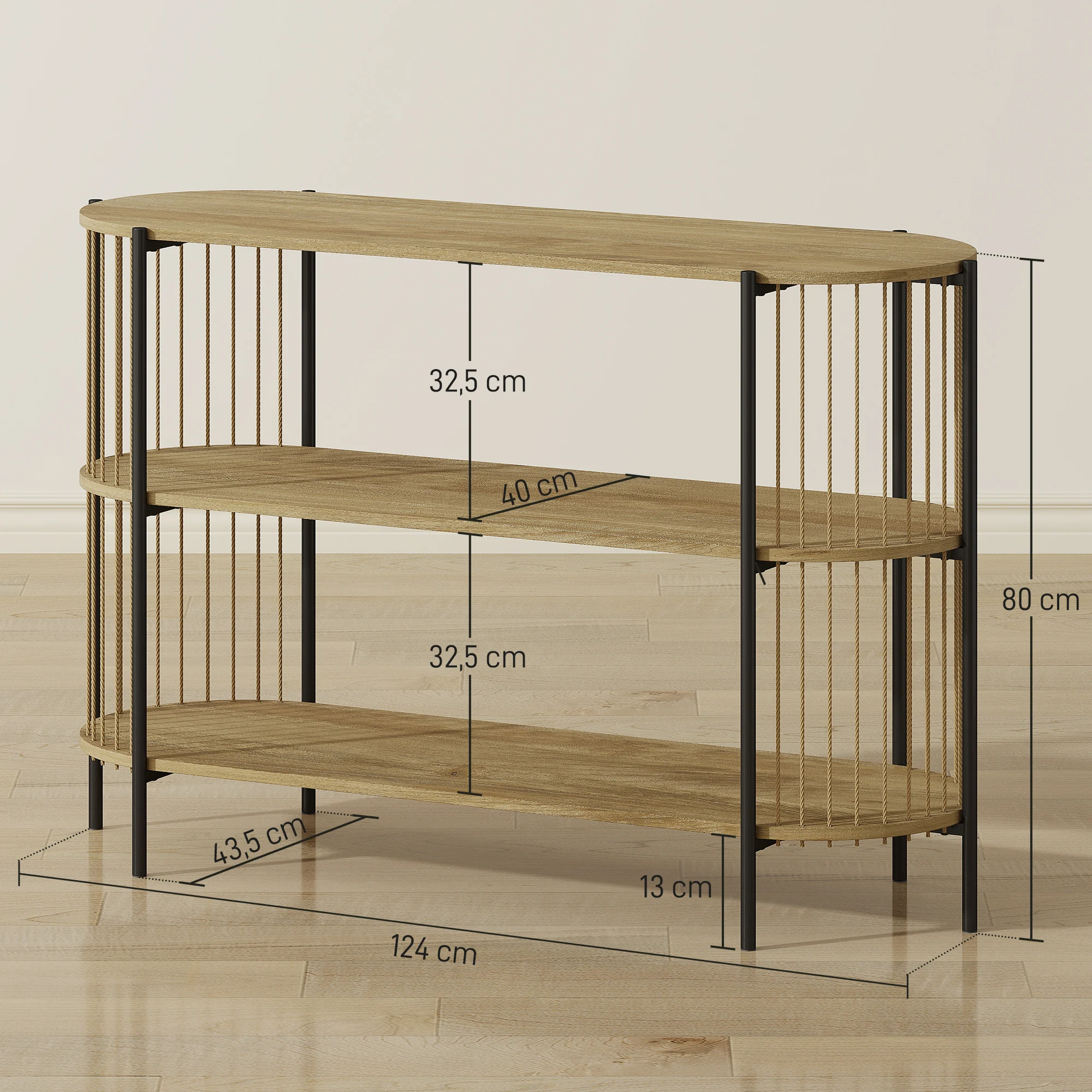 HOMCOM Mesa de Consola con Cuerda de Papel Trenzada a Mano Consola Recibidor de 3 Niveles con Marco de Acero Estilo Bohemio para Entrada Sala de Estar 124x43,5x80 cm Natural - imagen 3