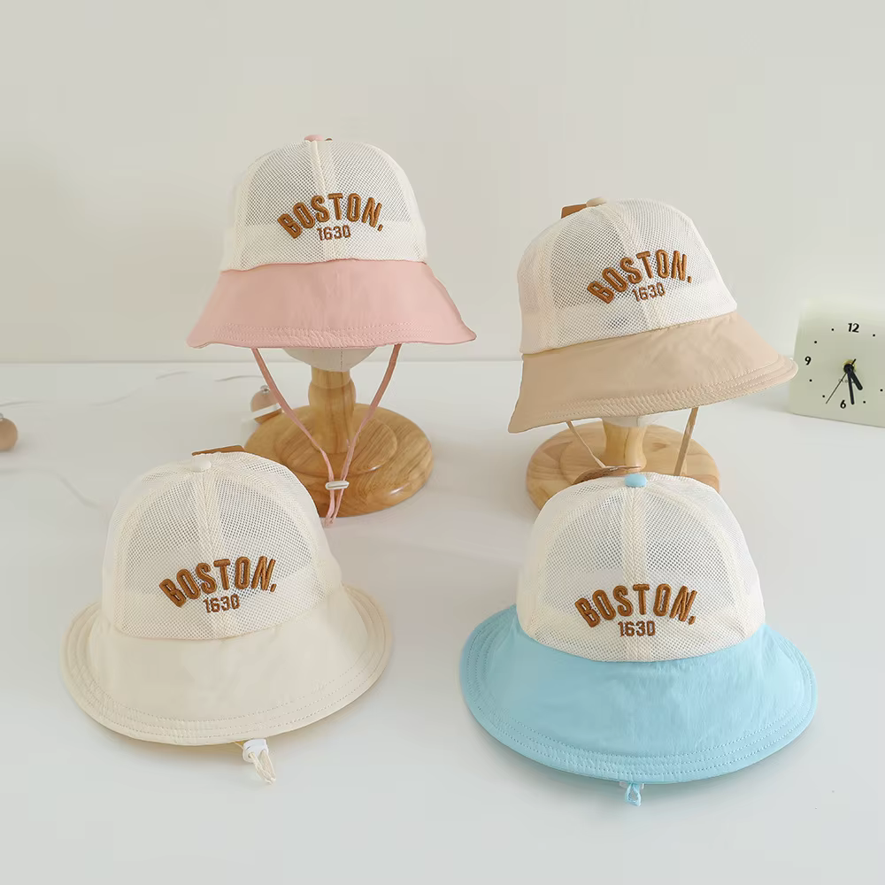 Nuevos sombreros de cubo de malla para bebé, sombrero para el sol con letras bordadas de primavera, sombrero de pesca, visera para sombrilla, gorra de playa al aire libre para niño y niña de 1 a 3 años - imagen 2
