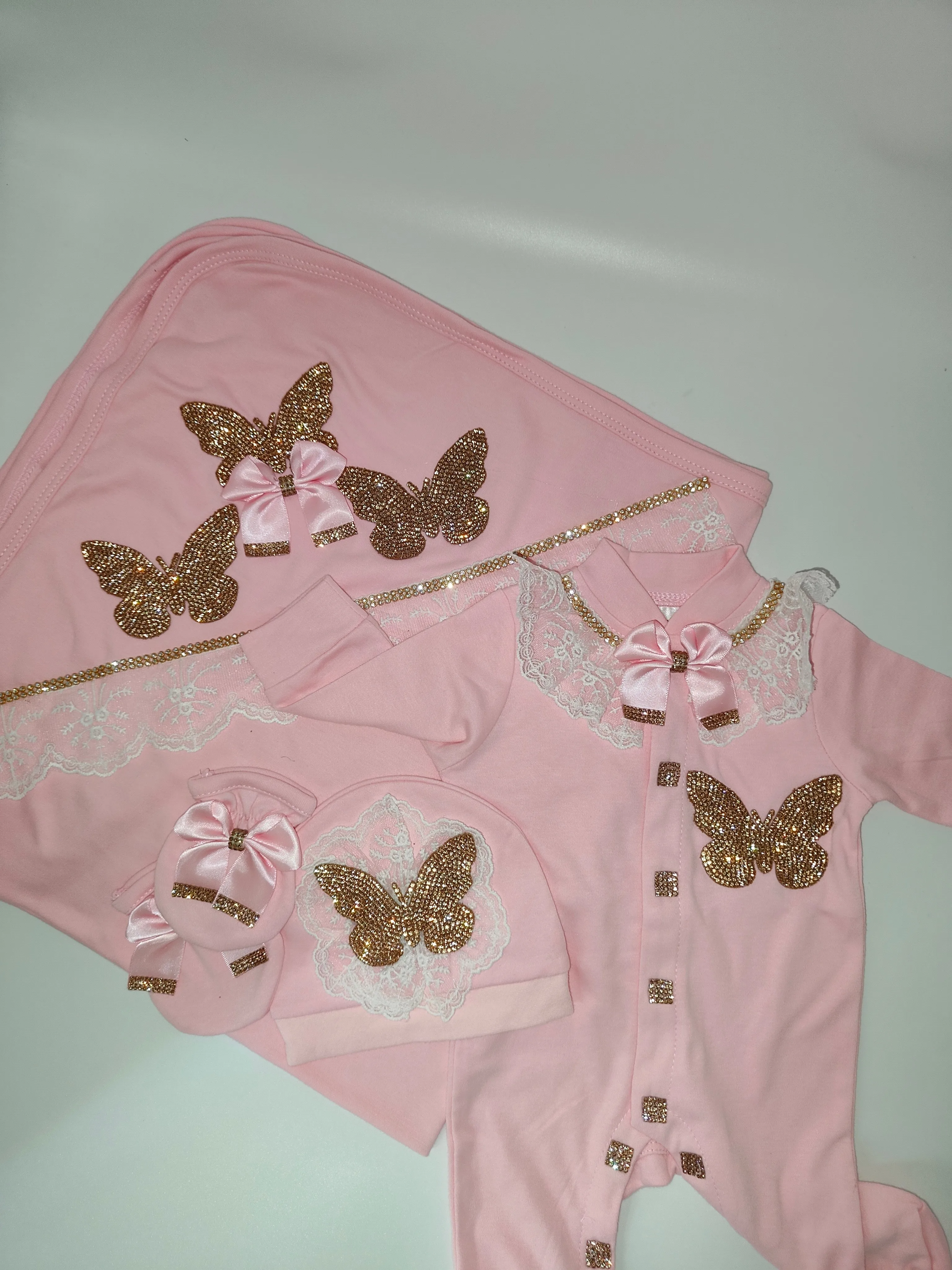 Dollbling-Conjunto de 4 piezas de mariposa dorada y rosa para bebé de 0 a 3 meses, conjunto de manta, pijama, canastilla para espectáculo de fotos, regalo de vacaciones