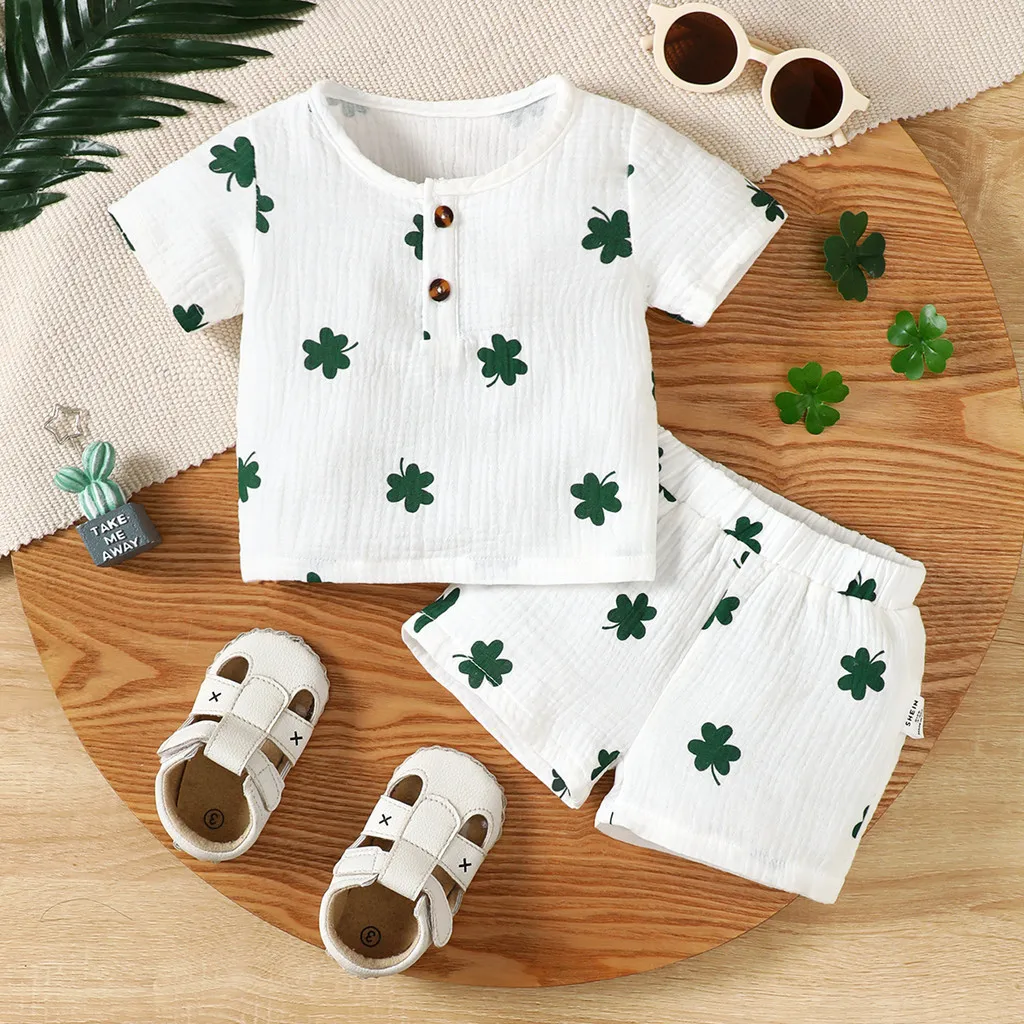 Ropa para bebés de 1 a 3 años, trajes con estampado de trébol, Tops de manga corta y pantalones cortos, 2 piezas, disfraces de ocio de verano, pijamas para niños pequeños - imagen 3