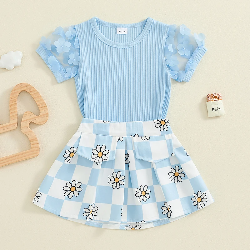 SUNSIOM-ropa de verano para niñas pequeñas, trajes de 2 piezas, Tops acanalados de manga de malla, conjunto de falda con estampado Floral de tablero de ajedrez