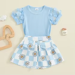 SUNSIOM-ropa de verano para niñas pequeñas, trajes de 2 piezas, Tops acanalados de manga de malla, conjunto de falda con estampado Floral de tablero de ajedrez