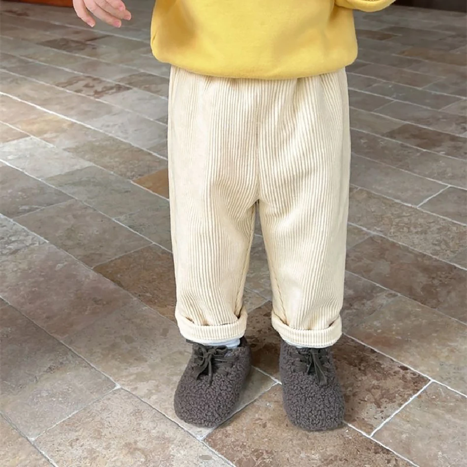 Pantalones de pana para bebés y niños, pantalones informales de pierna recta cálidos térmicos con forro polar para invierno, ropa para niños y niñas - imagen 3