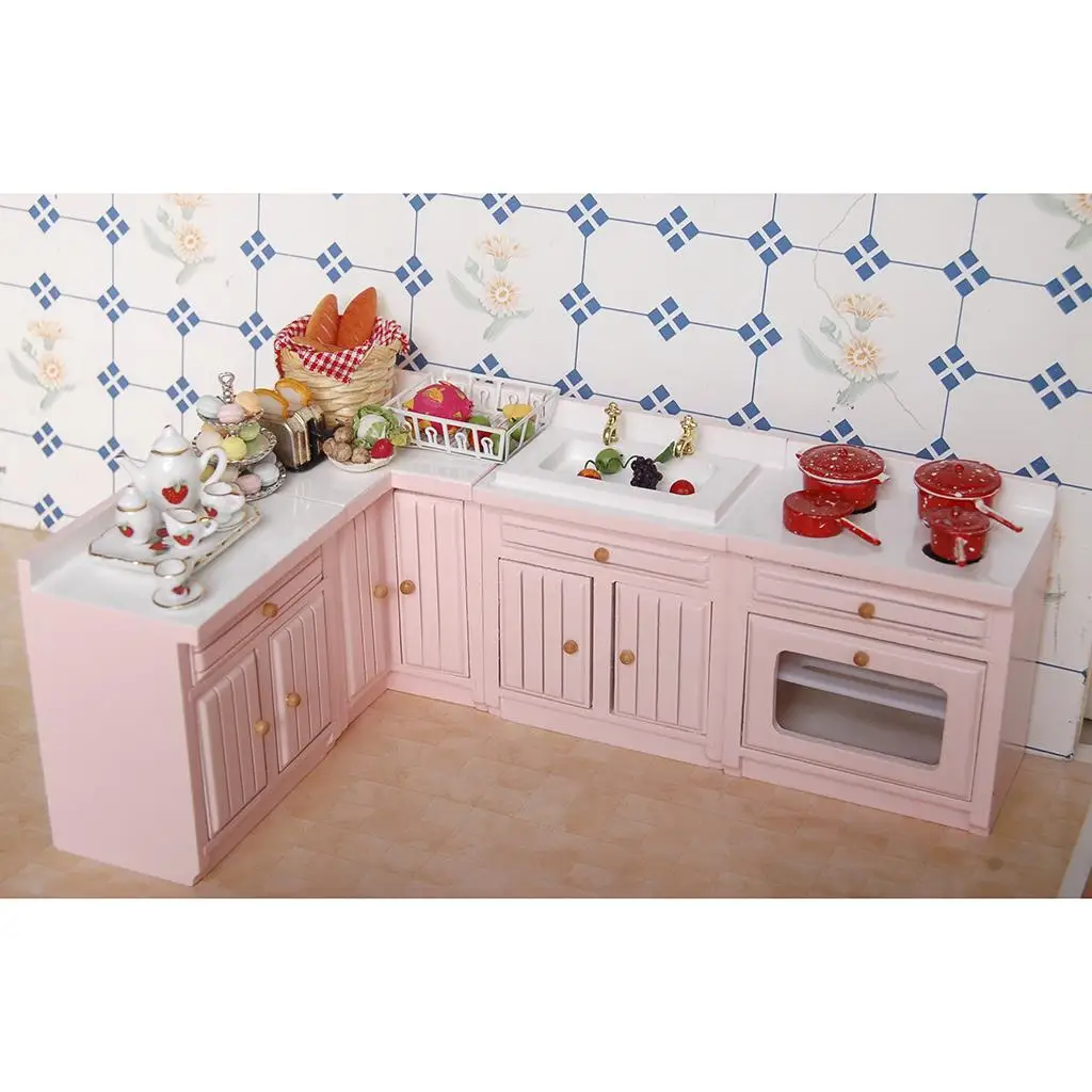 1:12 Scale Dollhouse Miniature Wooden Kitchen Cabinet Furnishings Decor Pink