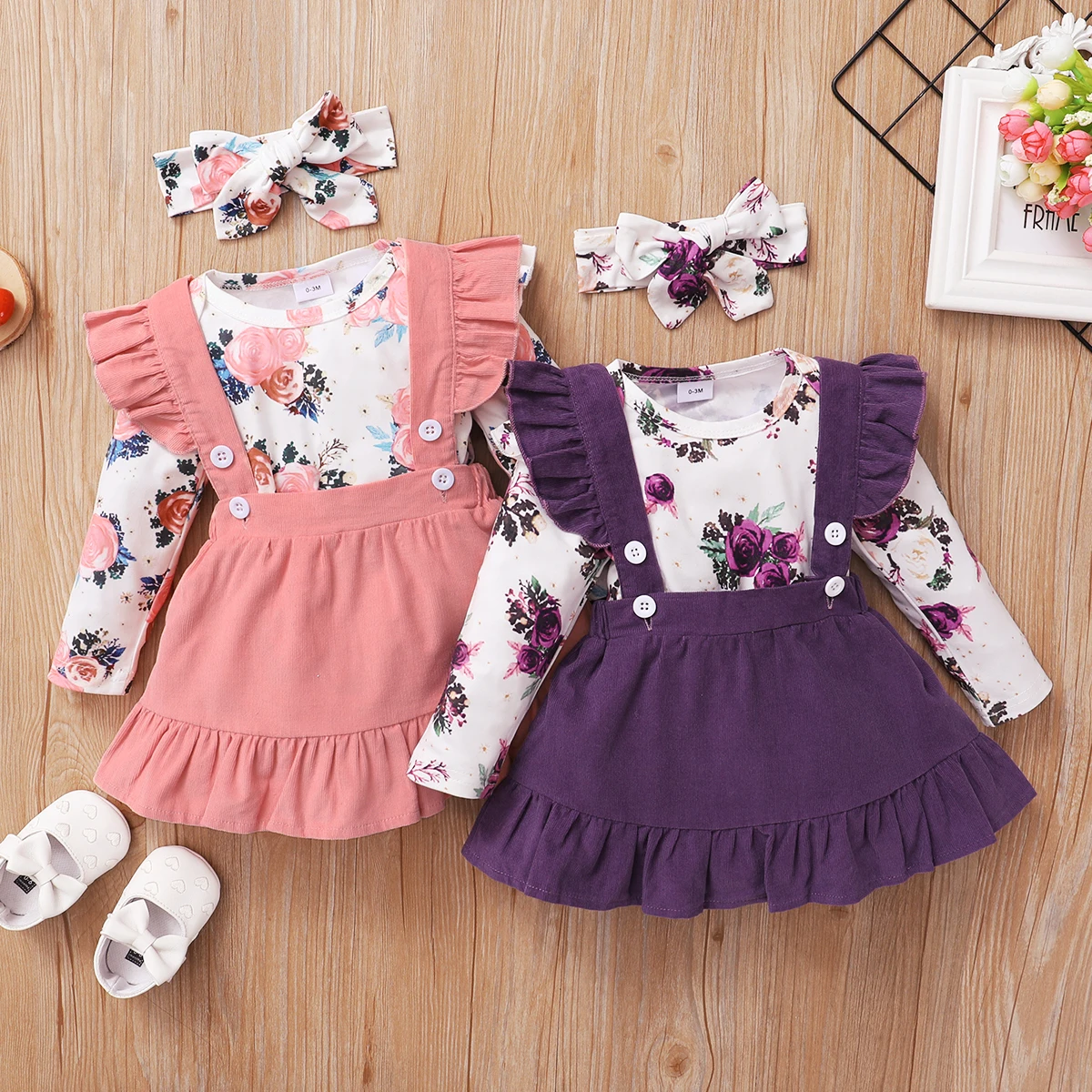 Conjunto de ropa para niña recién nacida de 0 a 18 meses, Pelele de manga larga con estampado Floral, falda con tirantes y Diadema, Bonito traje de 3 piezas