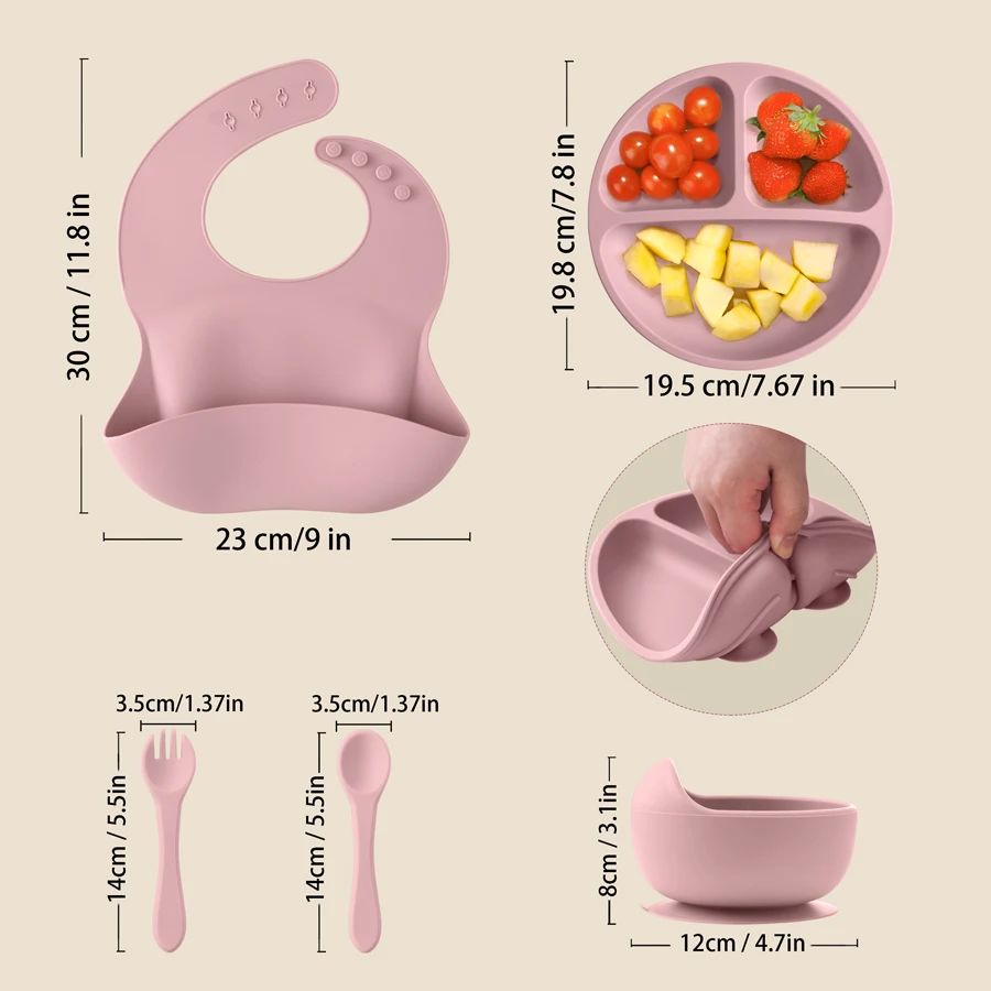 Juego de alimentación de silicona para bebé, plato de comedor redondo, cuenco con ventosa, platos para niños, babero impermeable, cuchara, vajilla para niños, 5 uds. - imagen 5
