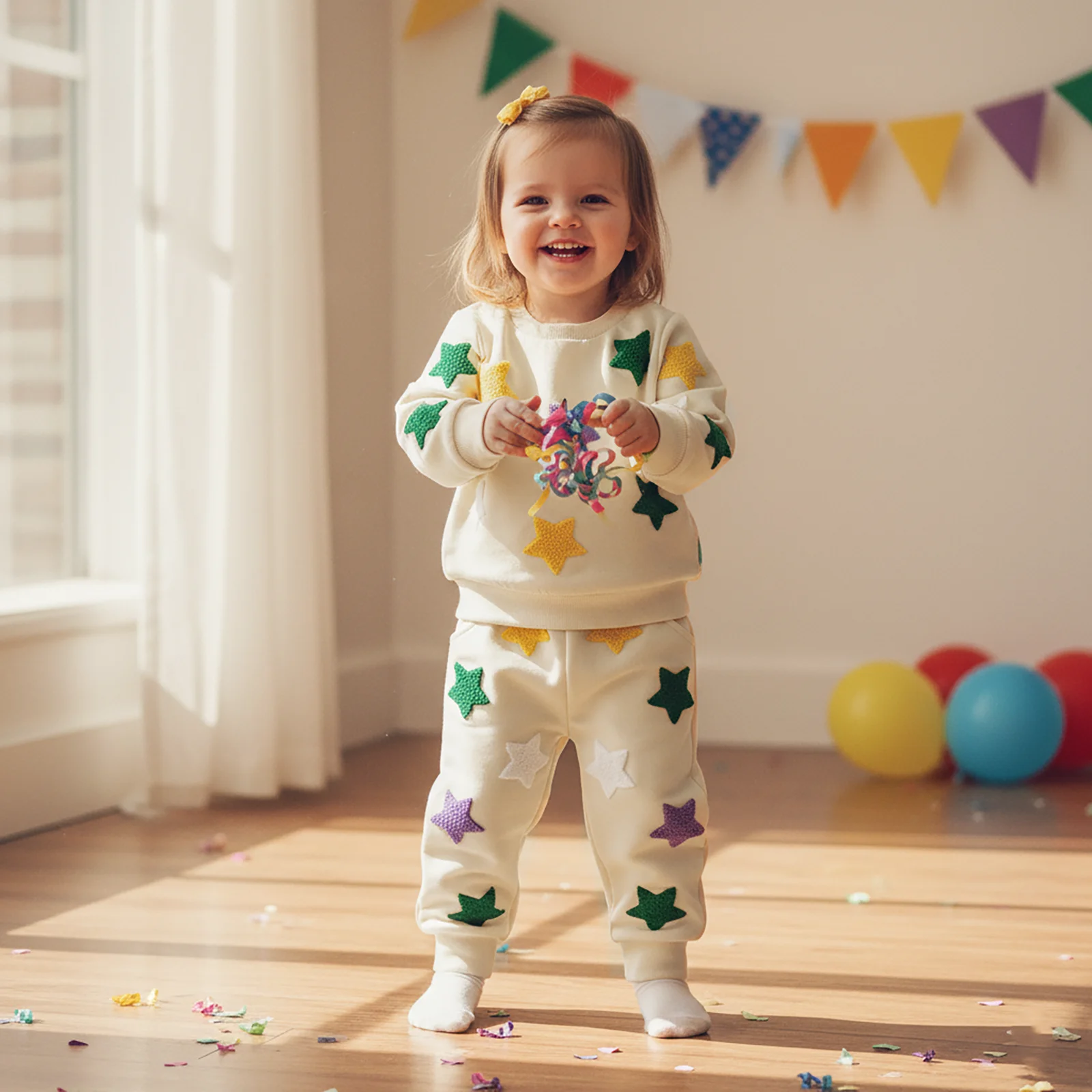 Suefunskry Conjunto de sudadera y pantalones de cintura elástica con bordado de estrellas coloridas y cuello redondo de manga larga para niño y niña