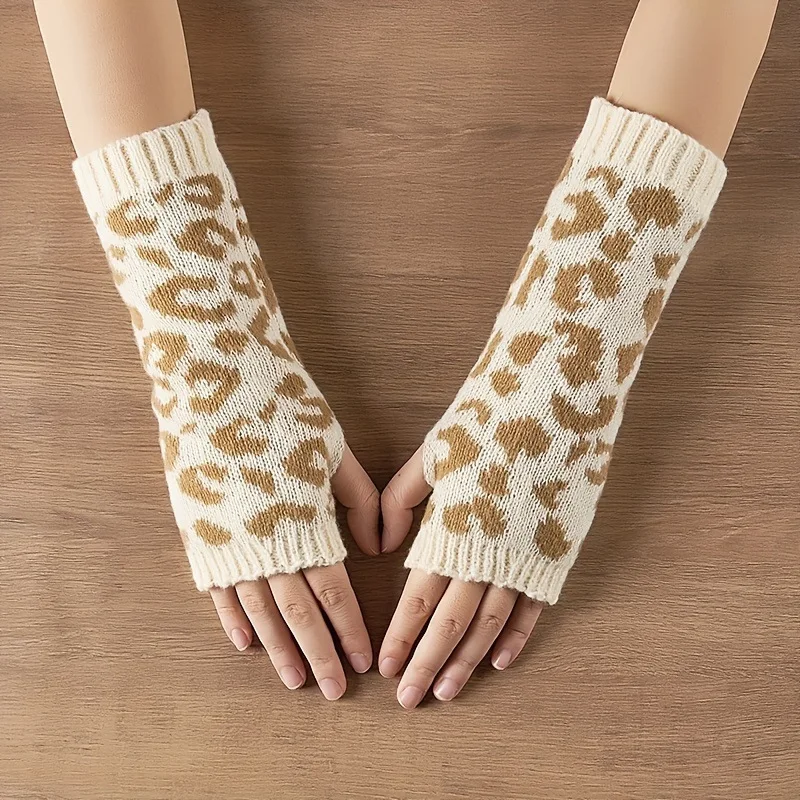 2026 Nuevos guantes de punto con estampado de leopardo para mujer: color beige, tela de poliéster suave, sin pantalla táctil, uso diario cálido y moderno - imagen 4