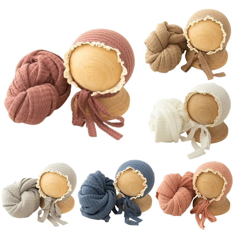 Gorro de punto para bebé, gorro de encaje para niño y niña, manta envolvente elástica, accesorios de fotografía para recién nacido, manta para sesión de fotos