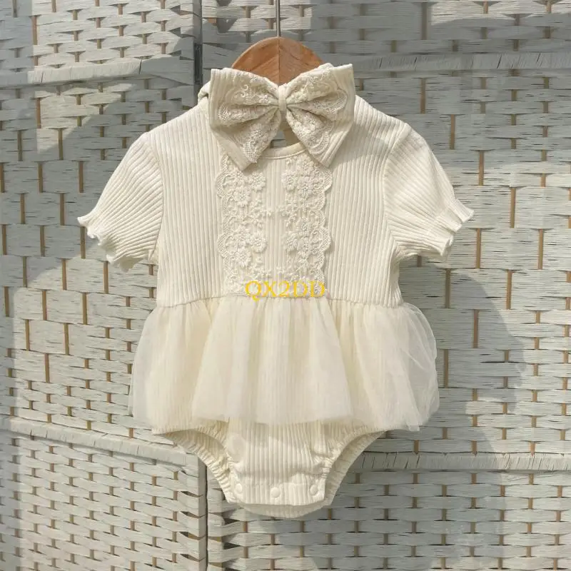 QX2D-ropa para fotografía niña, mono manga corta, disfraz para recién nacido, pelele pieza, diadema con lazo, traje - imagen 3