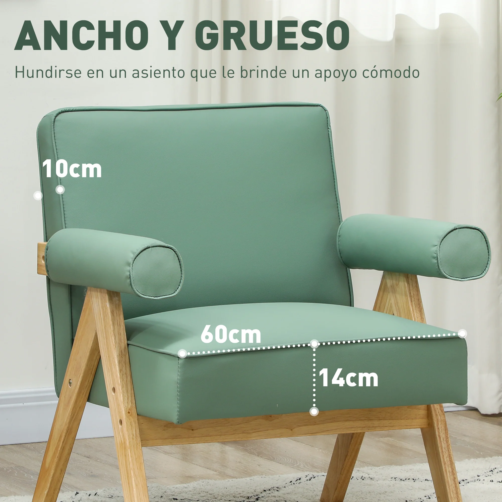HOMCOM Butaca de Salón Butaca Nórdica Sillón de Salón Tapizado en PU con Reposabrazos y Marco de Madera de Caucho para Dormitorio Carga 120 kg - imagen 4
