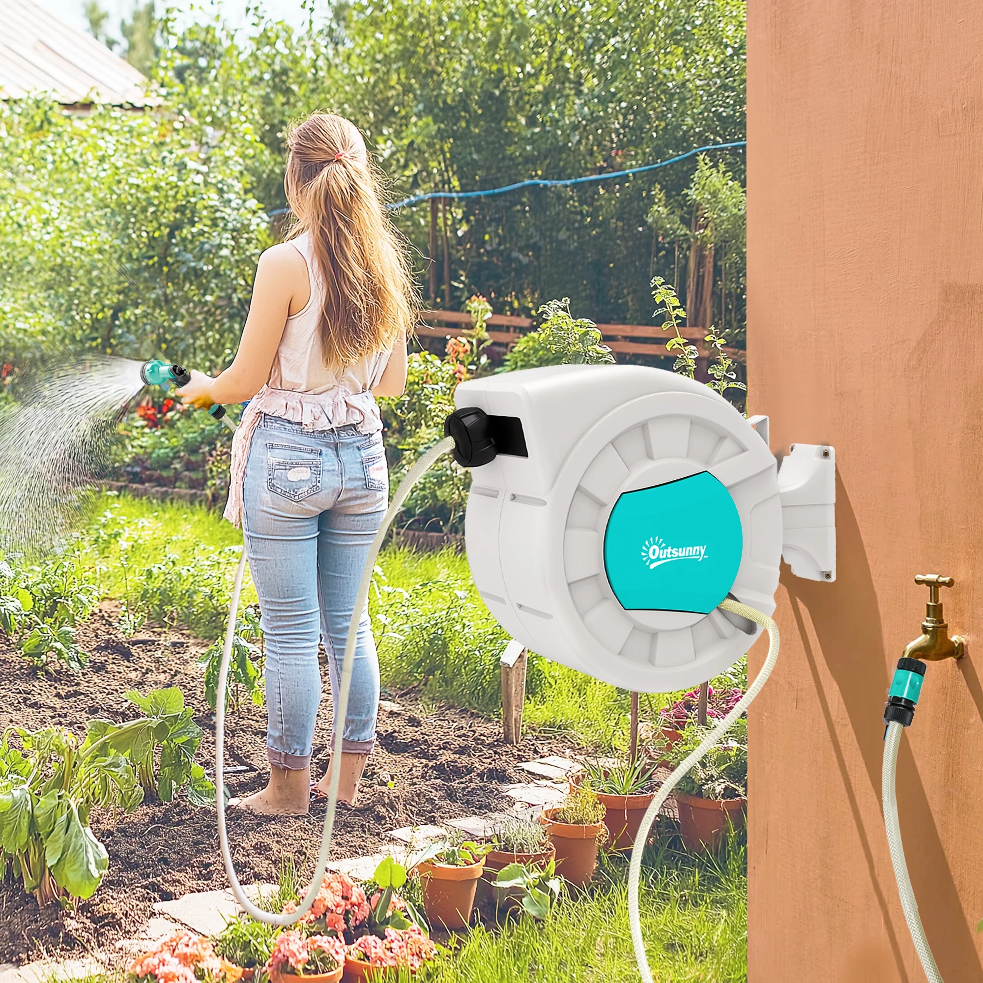 Outsunny Enrollador de Manguera para Jardín 25+2 m con Boquilla de 7 Funciones Carrete de Manguera de Jardín de Pared Giro de 180° Manguera Enrollable con Bloqueo Retorno Automático Gris Claro