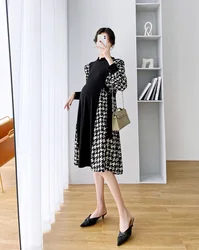 Vestido de maternidad estampado cuadros cuello redondo manga larga