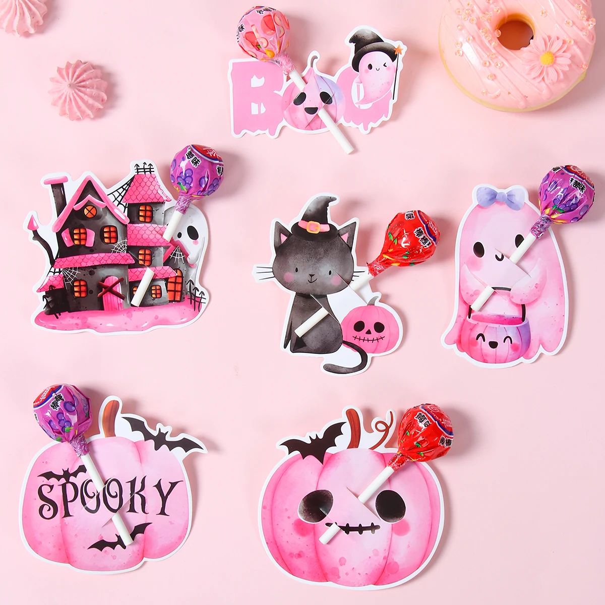 48 unids/set tarjetas de piruleta de Halloween calabaza gato fantasma envases de dulces para niños regalo de truco o trato soportes de dulces para fiesta de Halloween - imagen 5