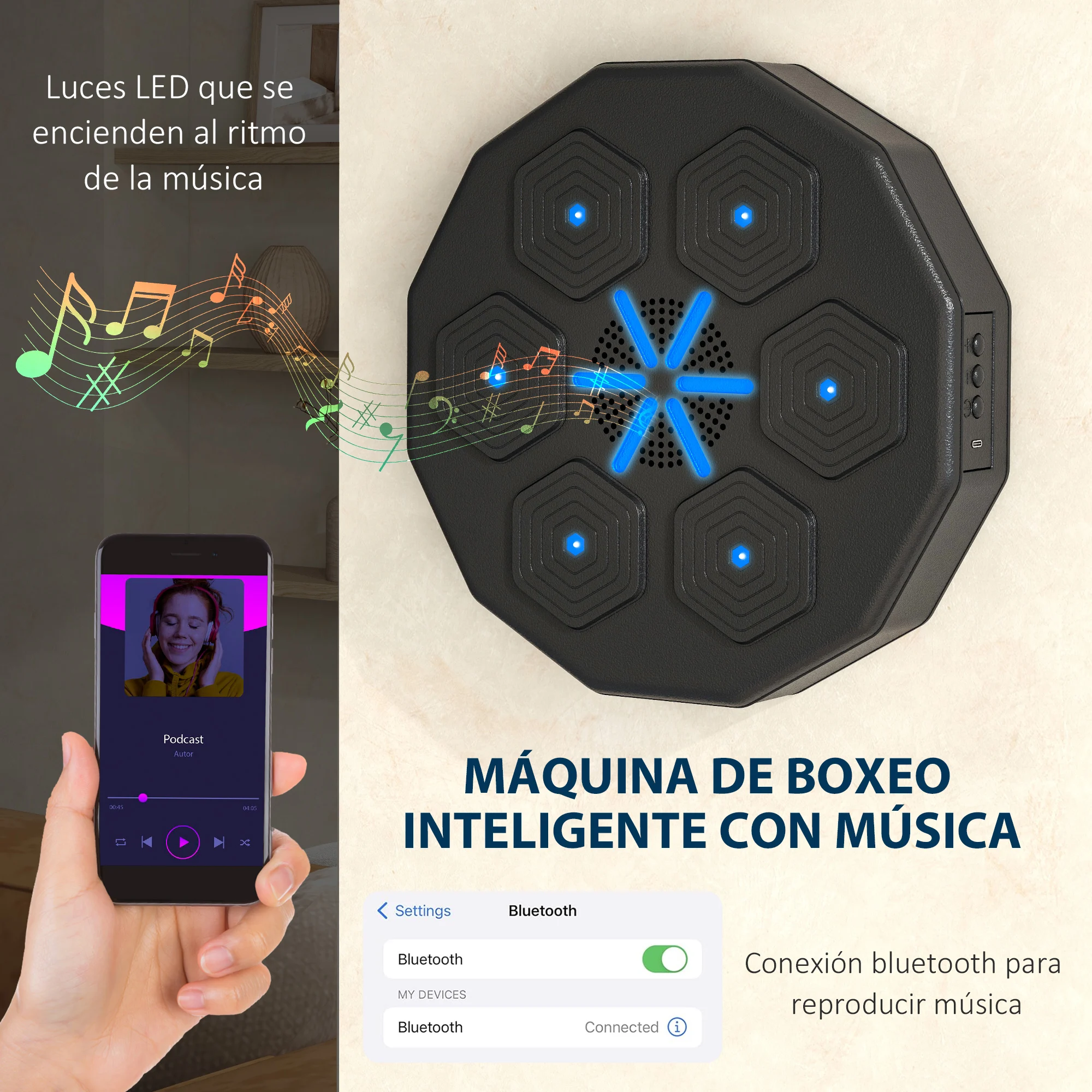 SPORTNOW Boxeo Pared Musical con Guantes y Conexión Bluetooth, Máquina Boxeo Musical Pared con Luces LED, para Adultos y Niños en Casa, Oficina, Gimnasio - imagen 4